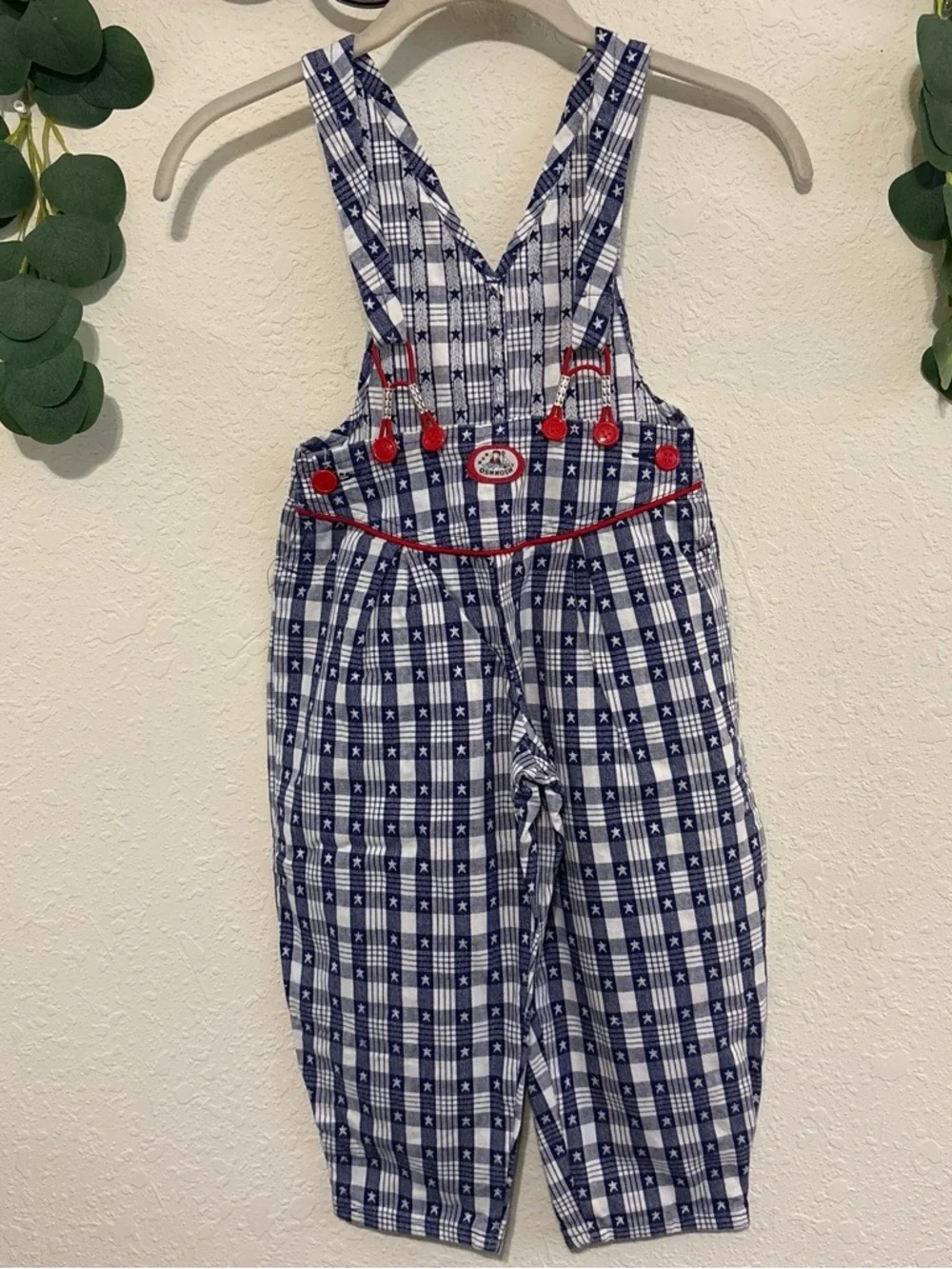 Vintage OshKosh B'gosh White and Blue Star Gingham Plaid Overalls✨